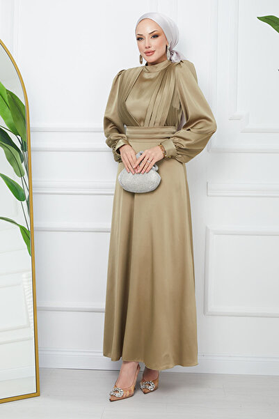 İmajButik فستان سهرة من الساتان بطيات على الكتف باللون الأخضر الزيتي