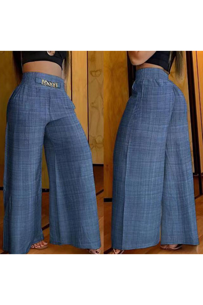 Choice بنطال أزرق أرجل واسعة بخصر عالٍ، لون موحد، أنيق وعصري، بقصة فضفاضة، مزين واسع الأرجل معدنية، مناسب للعمل.