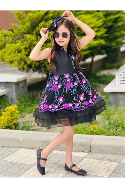 Genel Markalar Tokalı Astarlı Kız Çocuk Çiçek Nakışlı Abiye Elbise ( Bir Beden Büyük Tercih Edilebilir )