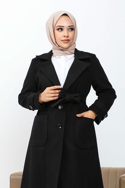 İmajButik Μαύρο ριμπ γιακά με σταμπωτό παλτό