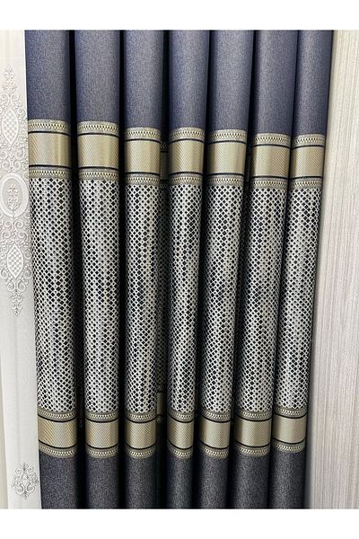 NİVEMESHOME Nivemeshome Mosaic Ft614163 V-502 Navy Blue 1/3 Close Pleated Background Curtain Apm