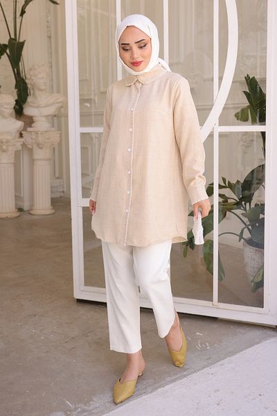 İmajButik Λινό πουκάμισο μπεζ μπροστινό γιακά με λεπτομέρειες