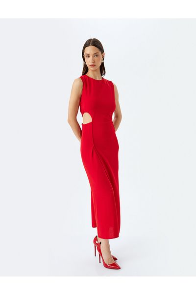 Koton Slit Window Detail Round Neck Sleeveless Double Breasted Long Dress