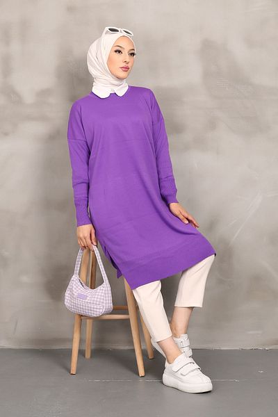 İmajButik Dark Lilac Crew Neck Mercerized Loose Knitwear Tunic