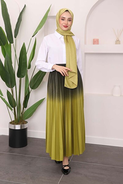 İmajButik Oil Green Long Skirt - Pleated and Color Detailed