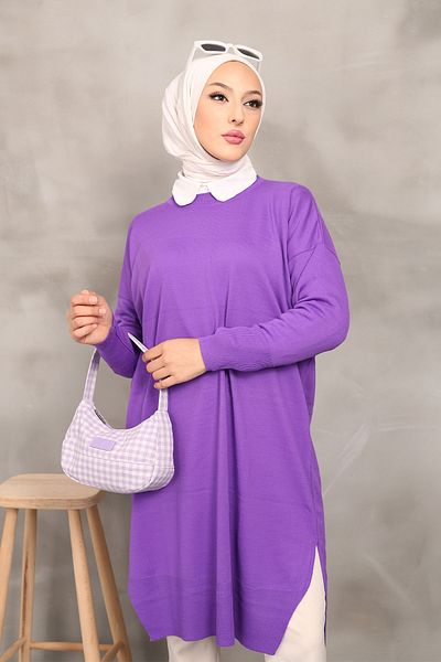 İmajButik Dark Lilac Crew Neck Mercerized Loose Knitwear Tunic