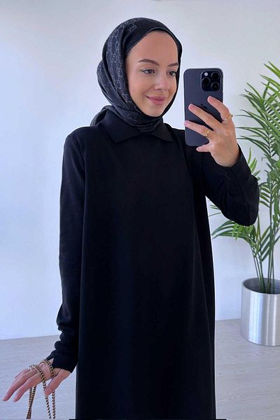 Ka Hijab Black Hijab Dress - Shirt Collar and Mercerized Detail