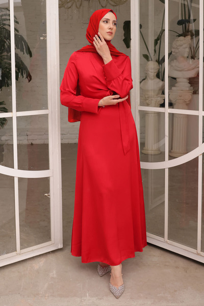 İmajButik Red Tied Satin Evening Dress