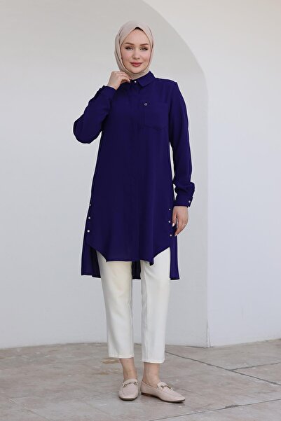 Armine TREND Gömlek Yakalı Gizli Düğmeli Tunik-Morcivert 24kt473
