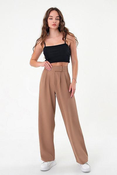 Hazel High Waist Women's Mink Palazzo Trousers - Velcro Design
