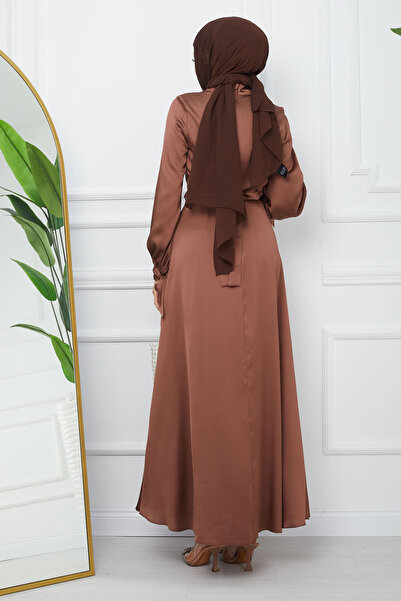 İmajButik Βραδινό φόρεμα σατέν με λεπτομέρεια με λαιμόκοψη