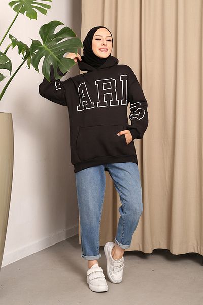 İmajButik Μαύρο φούτερ με στάμπα Paris με τρεις κλωστές
