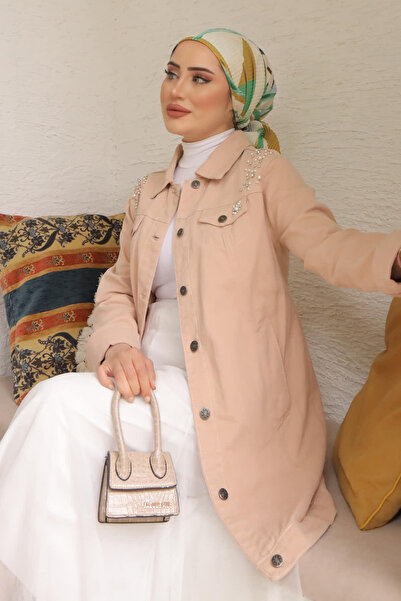 İmajButik Beige Jeans Jacket with Jewelled Pockets