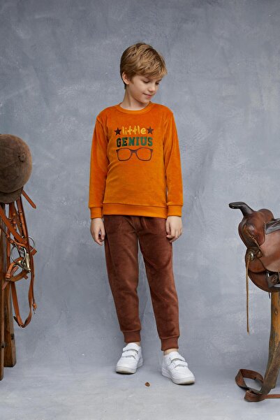 Elsima Erkek Çocuk Kadife Pijama Takımı Kışlık CAMEL
