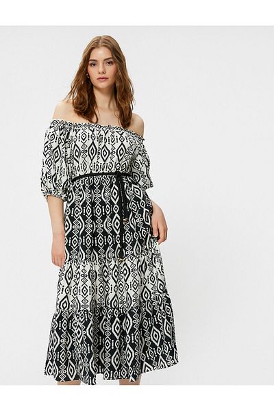 Koton Midi Length Viscose Dress Off the Shoulder Ethnic Printed