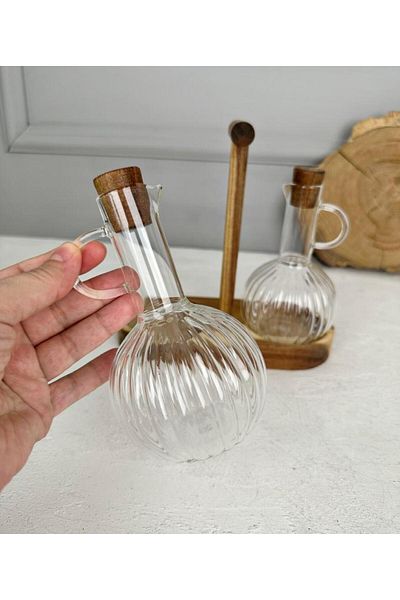 PEKİBU 2-Piece Borosilicate Glass Oil Pot - With Wooden Stand