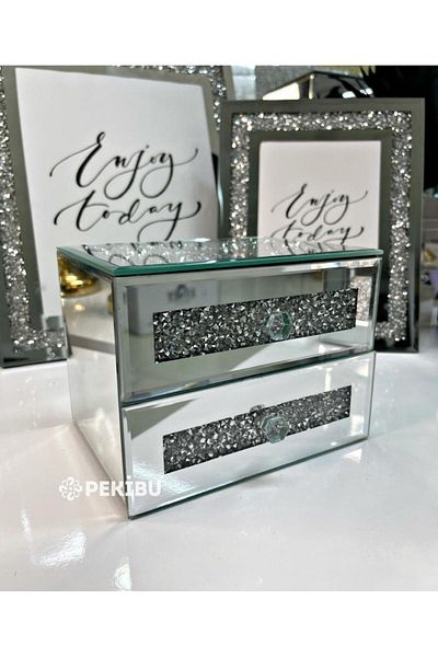 PEKİBU Mirrored Silver Jewelry Box with Stone Detail - Drawers