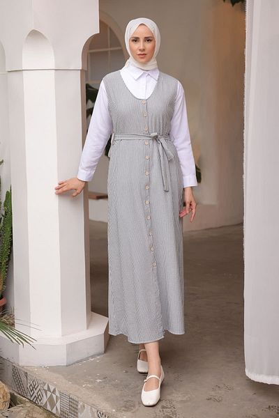 İmajButik Γκρι φόρεμα Gilet πουκάμισο με κουμπιά