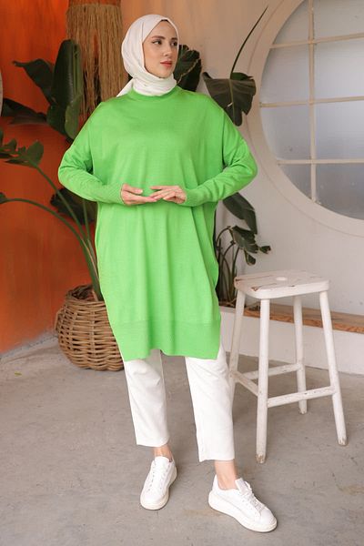 İmajButik Φιστίκι Πράσινο Crew Neck Mercerized Casual Knitwear Tunic