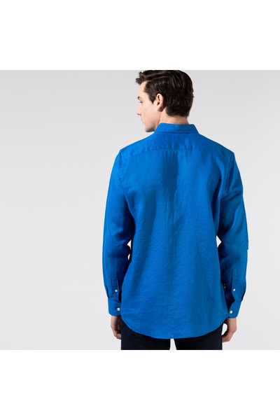 Nautica Erkek Mavi Classic Fit Uzun Kollu Keten Gömlek