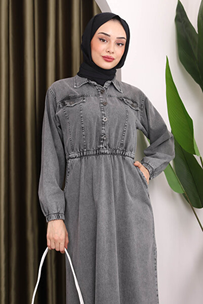 İmajButik Smoked Color - Τζιν φόρεμα με κουμπιά στο γιακά και ελαστική μέση