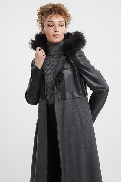 Doque Women's Winter Overcoat with Leather and Stamp Combination 55056 55057
