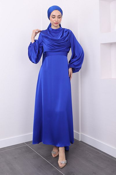 İmajButik Σατέν βραδινό φόρεμα - Saks Blue, μπαλόνι μανίκι και λαιμόκοψη