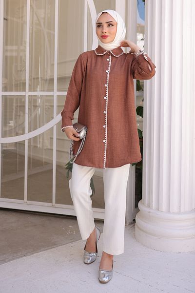 İmajButik Кафява ленена риза с детайлна предна яка