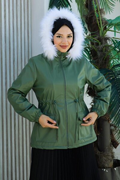 BURCU TESETTÜR Belden Bağcık, Fermuar Detaylı Kapşonlu Kısa Deri Mont-BRC6265