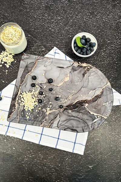Decorita Gray Gold Marble Channeled Glass Cutting Board - Oval Edge, 25cm x 35cm, Patented Product
