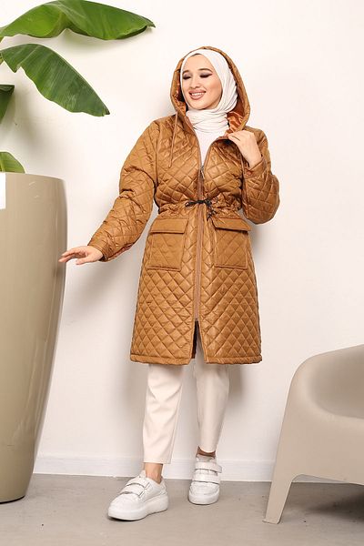 İmajButik Tan Plus Size Hooded Quilted Coat