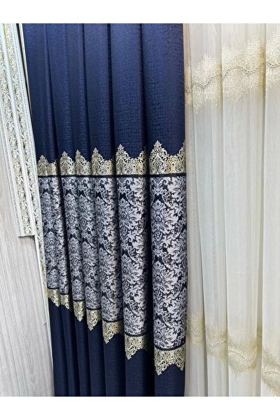 NİVEMESHOME Nivemeshome Fj631749 V-517 Arora Dark Blue 1/3 Close Pleated Background Curtain Apm