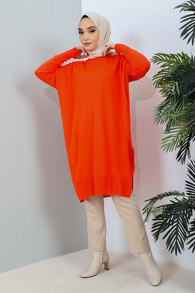 İmajButik Orange Crew Neck Mercerized Loose Knitwear Tunic
