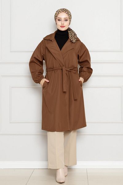 Sevitli Double-Breasted Lapel Sleeve Elastic Trench Coat-Tan