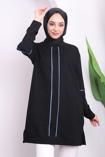 İmajButik Μαύρο χιτώνα με δύο κλωστές με μπροστινή ρίγα