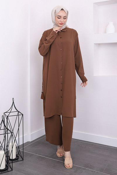 İmajButik Σετ τουνίκ και παντελόνι σε καφέ χρώμα με σκισίματα στο πλάι