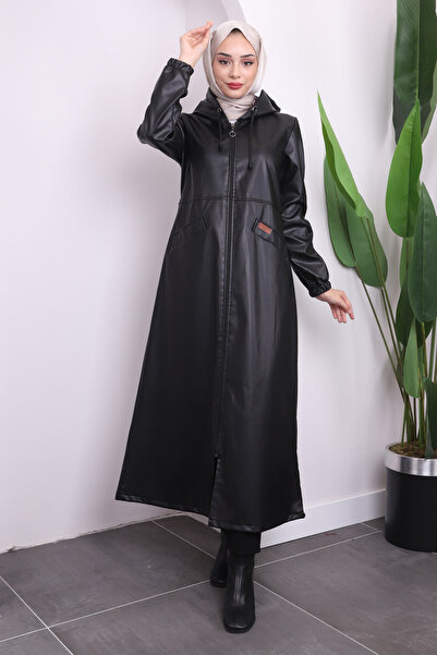 İmajButik قبعة جلدية سوداء بغطاء للرأس مع جيوب