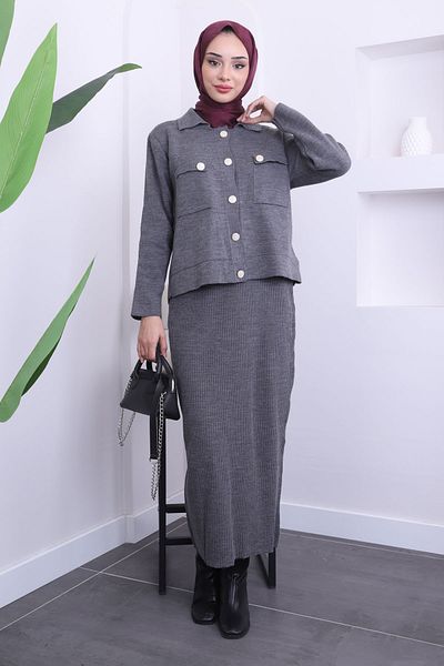 İmajButik Anthracite Crop Cardigan Skirt Knitwear Set