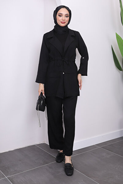 İmajButik Set jachetă și pantaloni neagră cu guler dublu și talie