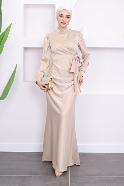 İmajButik Bej Ön Detaylı Drapeli Saten Abiye