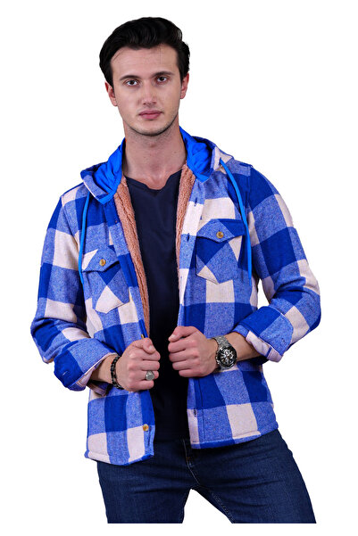 Exve Exclusive Gök Mavi Bej Ekose Dama Kareli Kapüşonlu Içi Yün Kürklü Kışlık Oduncu Ceket Gömlek