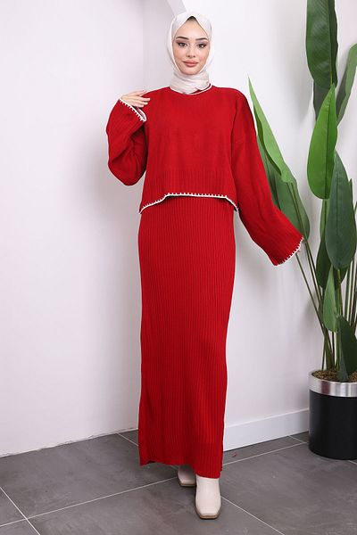 İmajButik Claret Red Knitwear Crop Φόρεμα Διπλό Σετ