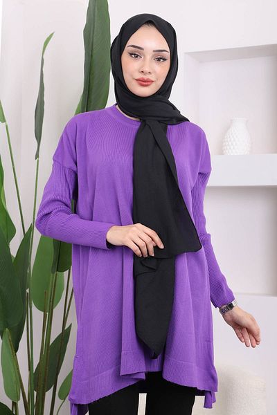 İmajButik Purple Crew Neck Mercerized Casual Knitwear Tunic