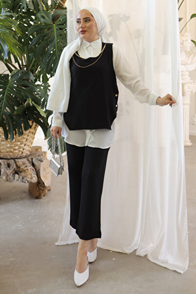 İmajButik Black Side Buttoned Necklace Triple Wrap Suit