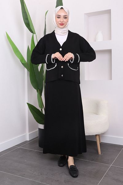 İmajButik Black Shepherd Stitched Skirted Knitwear Cardigan Set