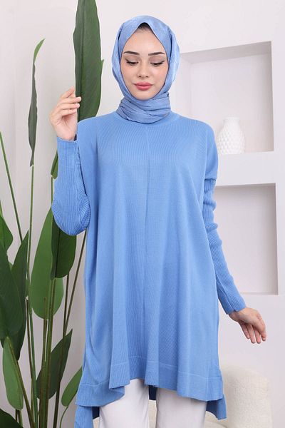 İmajButik Indigo Crew Neck Mercerized Casual Knitwear Tunic