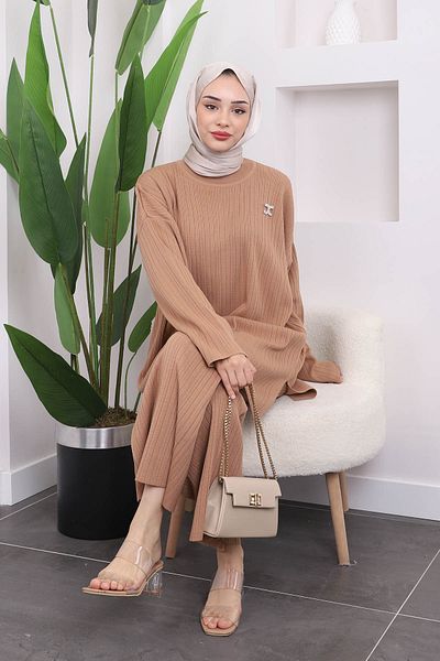 İmajButik Σετ Παντελόνι Πλεκτό Μπισκότο Καρφίτσα