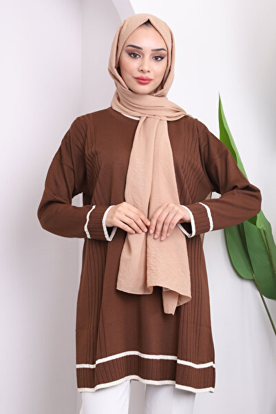 İmajButik Καφέ Crew Neck Mercerized Casual Knitwear Tunic