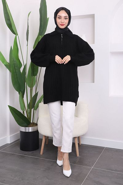 İmajButik Black Zippered Şardon Knitwear Tunik
