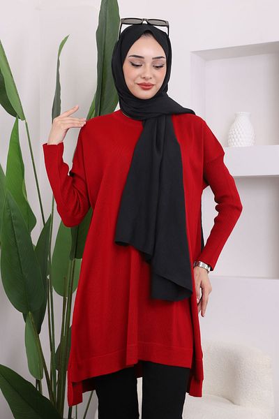 İmajButik Red Crew Neck Mercerized Loose Knitwear Tunic